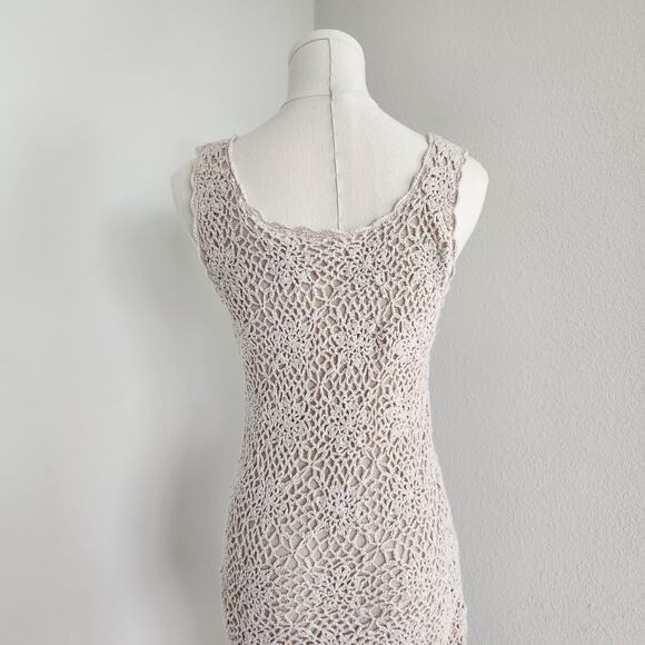 Vintage Y2K Newport News Crochet Knit Ivory Maxi Dress Lined Ramie Cotton XS - Picture 7 of 10